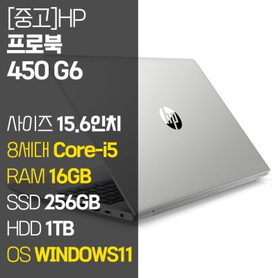 HP ProBook 450 G6 15.6인치 인텔 8세대 Core-i5 RAM 16GB M.2 SSD + HDD 1TB 윈도우11설치 사무용 중고노트북, ProBook 450 G6, WIN11 Pro, 16GB, 1256GB, 코어i5, 실버