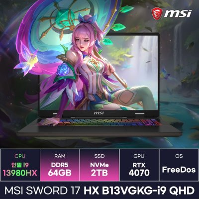 MSI 소드17 HX B13VGKG-i9 QHD 인텔 13세대 i9-13980HX RTX4070 17인치 고사양 작업용 게이밍노트북 (64GB/2TB) / KCJH, 단일상품